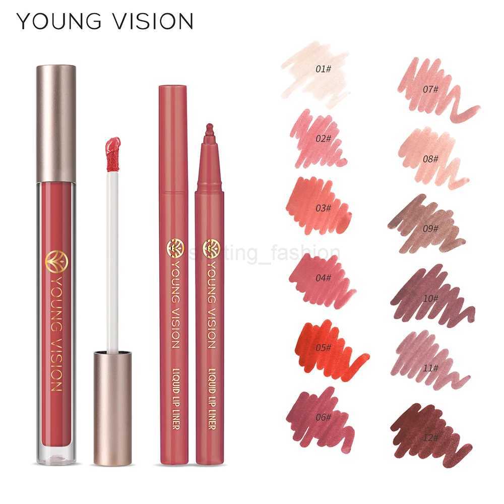 YOUNG VISION Lip Glaze + Lip Liner set liquid Lip Liner Waterproof non-stick cup Moisturizing easy color 12 color lip glossCL240716