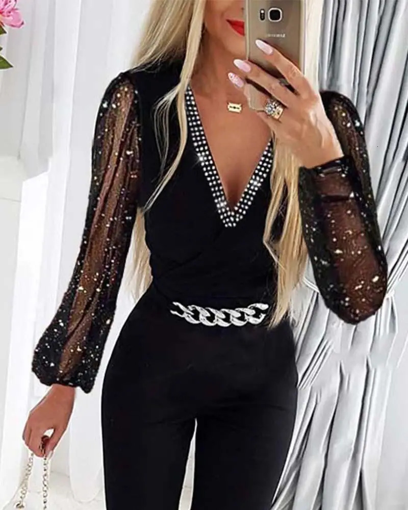 Deep V Neck Mesh Long Sleeve Jumpsuit One Piece Overall Women Black Elegant Rhinestone Chain Glitter Party Night Sexy Bodysuits 240715