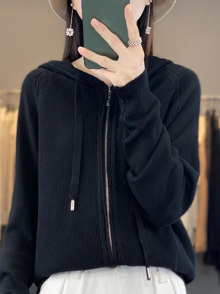 SpringSummer Hooded Cardigan Womens Versatile Knitted Top Loose Sweater Casual Solid Color Double Zipper 240712