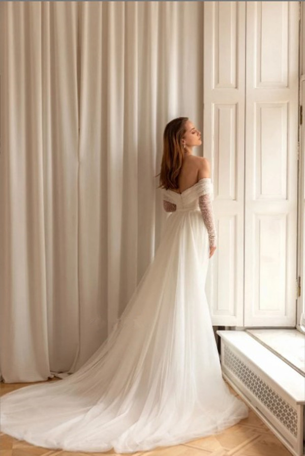 Bg Sequined Off The Shoulder Full Sleeves Mermaid Wedding Dresss Detachable Train Vestido De Renda Estilo Sereia