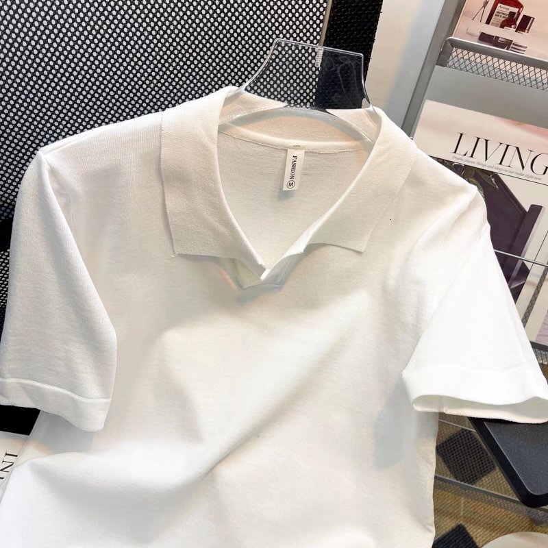 Men's small V-neck black polo shirt British fashion slim fit short sleeved casual knitted T-shirt