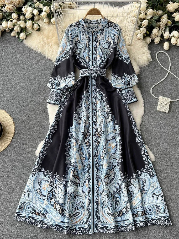 Women Vintage Party Dress Fashion Long Sleeve Single Breasted Stand Collar Elegant Printed Dresses Spring Autumn Robe 240715