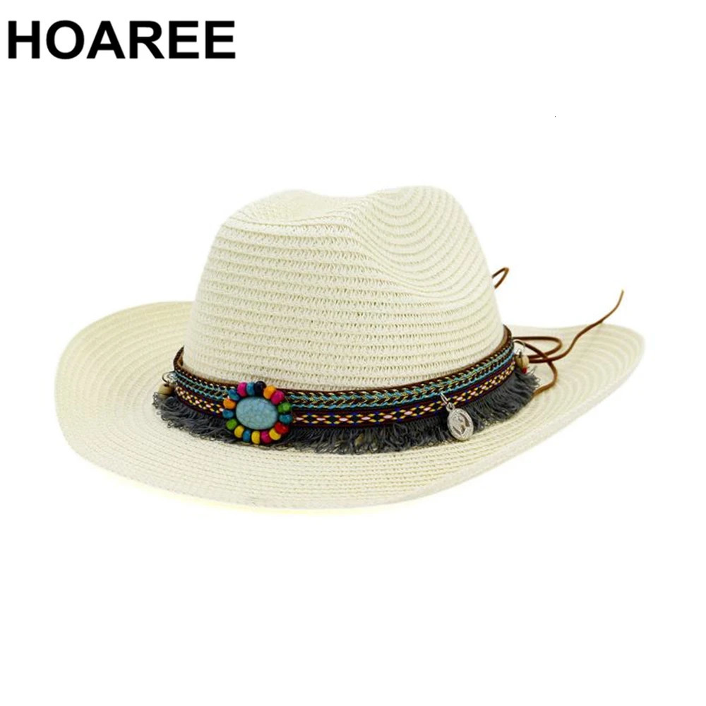 HOAREE Cowgirl Cowboy-Hat Sombreros Western Cap Wome -Straw Jazz Ethnic Style Beige Summer Beach Straw Sun Hats 240713