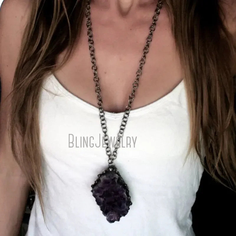 10pcs Amethyst Crystal Cluster Perndant Statement Necklace Wicca Witch Goth Jewelry Halloween Y2k Stainless Steel Boho Jewelry 240715