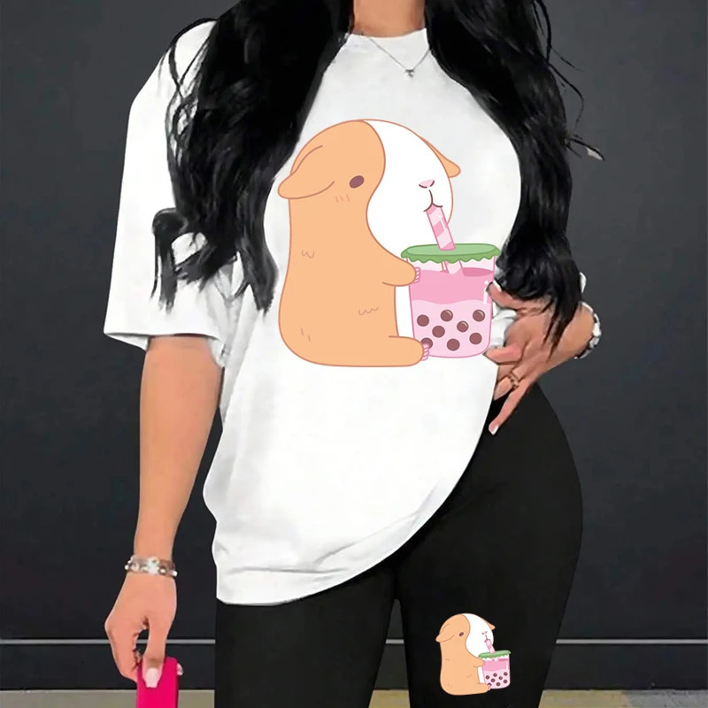 Cartoon Guinea Pig Bobo Tea Tshirt 2Pieces Short Sleeve T Shirt and Yoga Legging Shorts Suit Plus Size Tracksuit Women 240712