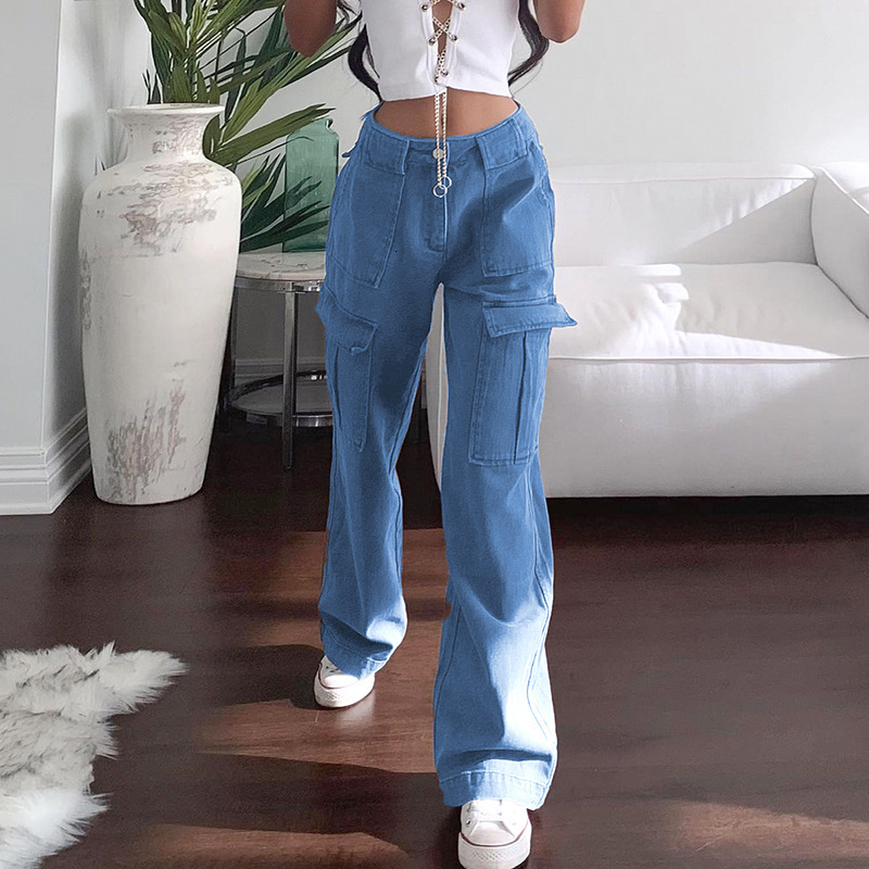 2023 Hot Selling Women's Jeans New Versatile Multi Pocket cargo Pants High Waist Loose Casual Denim Wide Leg trousers Women