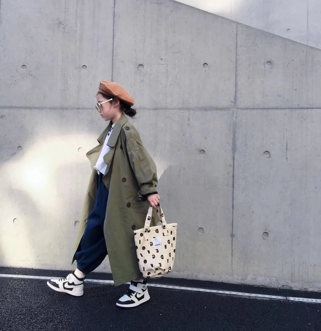 Children Clothing Girl Fashion Trench Coat Spring Autumn Korean Style Green Coat Cotton Casual Simple Long Kids Trench Coat 240713