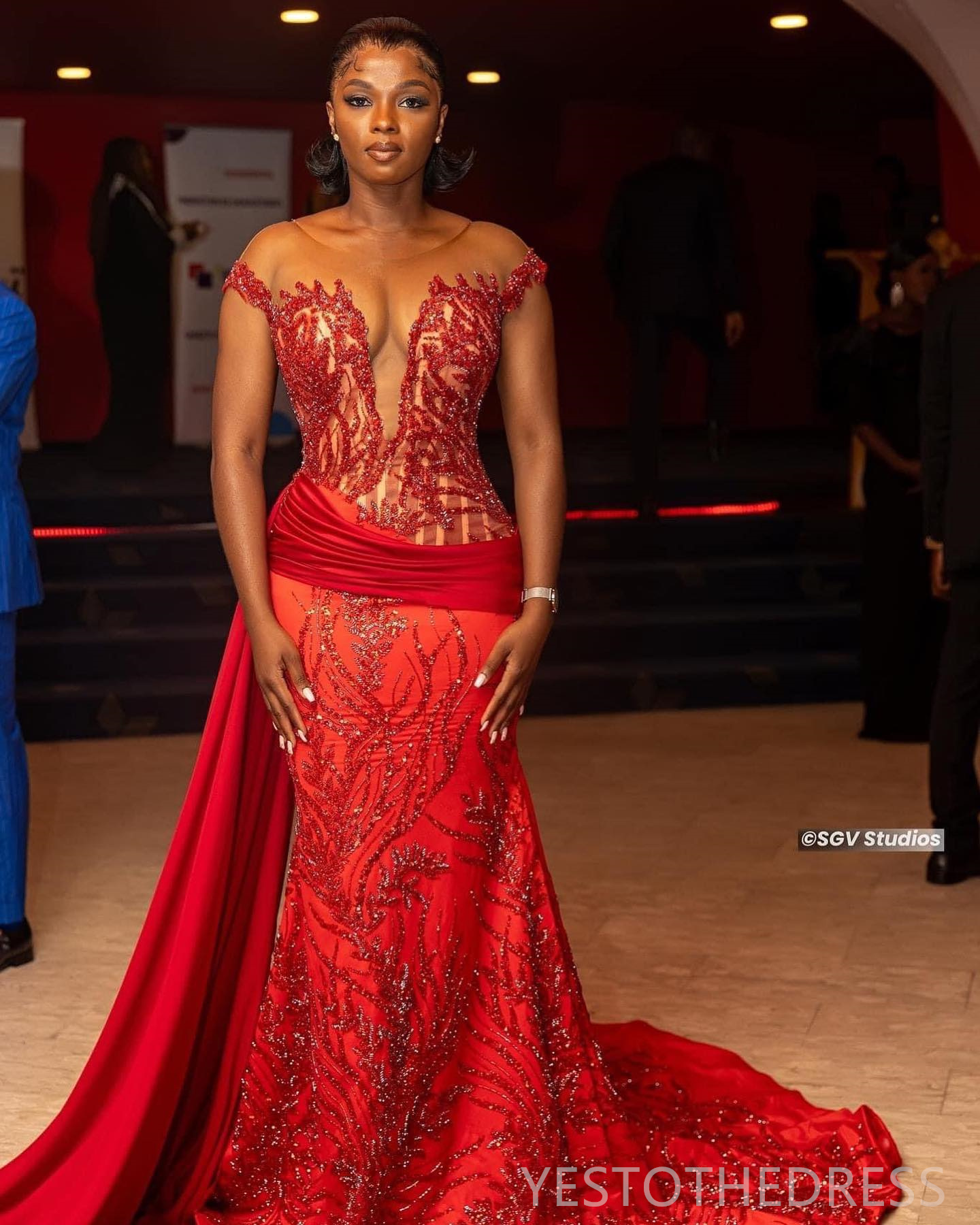 2024 Aso Ebi Red Prom Dresses For Special Occasions Mermaid Promdress Evening Formal Dresses Beaded Lace Illusion Short Sleeves Second Reception Gowns