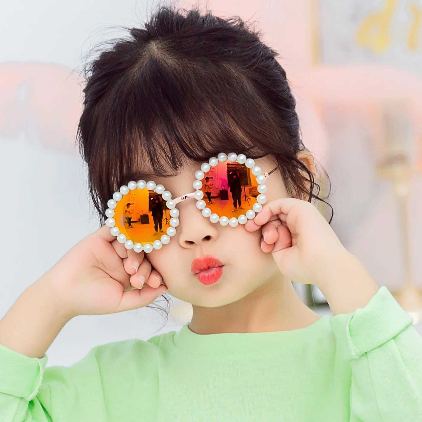 Sunglasses adhesive pearl childrens sunglasses New B138 fashion baby street fashion with round frame glasses