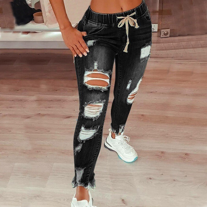 2024 Cross Border European And American Elastic Women's Jeans High Waist Perforated Small Feet Lace Up Pants