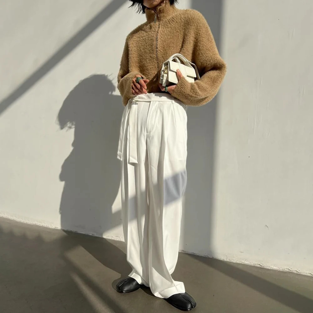 Harajuku Belted Suit Pants Mens Fashion Oversize Casual Trousers French Loose Wide Leg Pants Streetwear Male Blazer Pantalon 240708