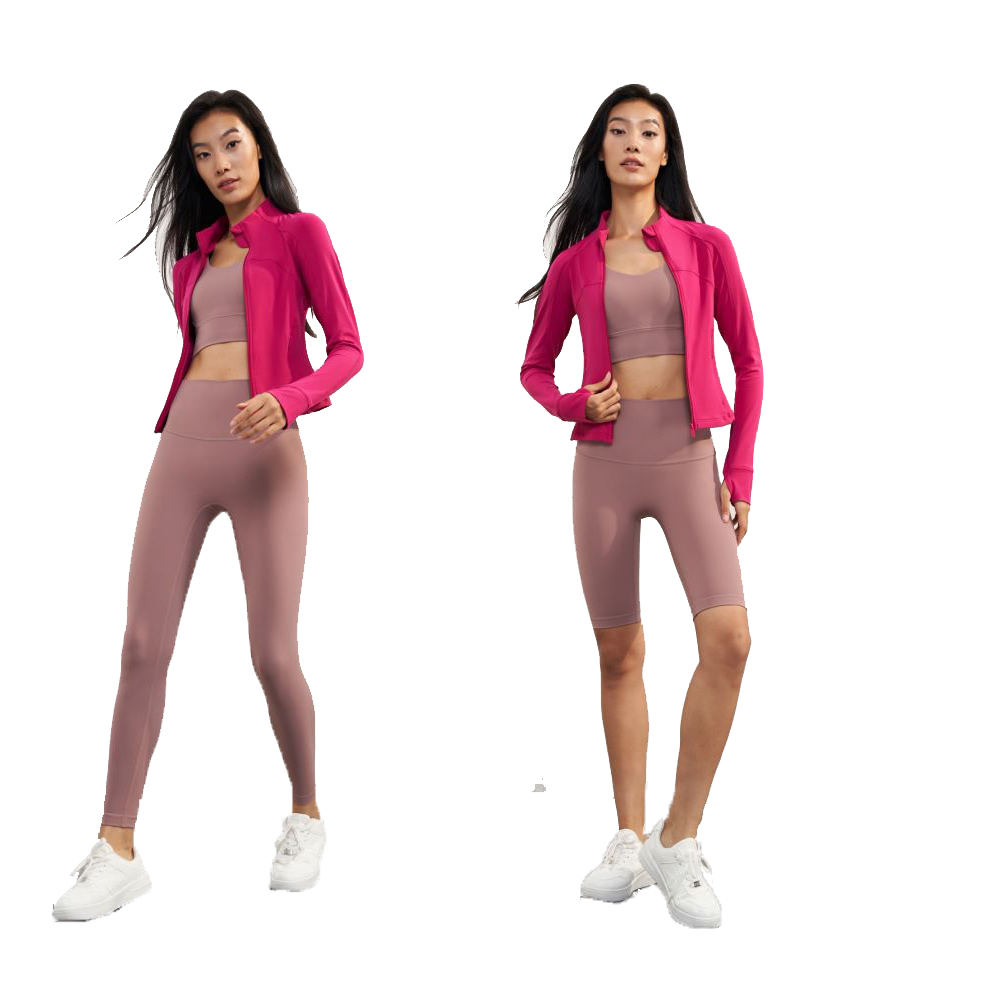 Womens Yoga Jackets Slim Long Sleeve Rose Red Women's Sport Coats Stand Collar Nylon Short Activewear Fit for Running Jogging