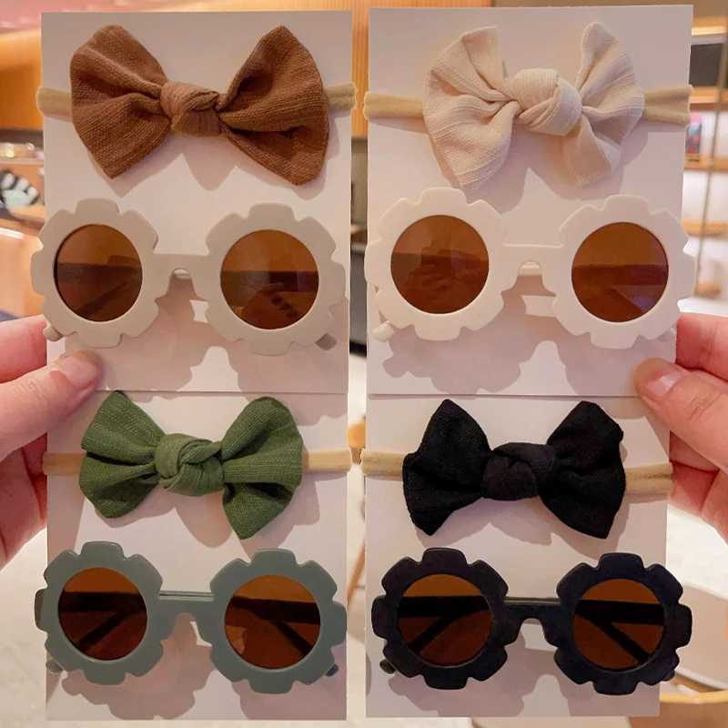 Sunglasses 2 Pcs/Set Boys Girls Colors Square Edged Sunflower Sunglasses UV400 Cute Soft Bowknot Headbands Set Lovely Kids Hair Accessories