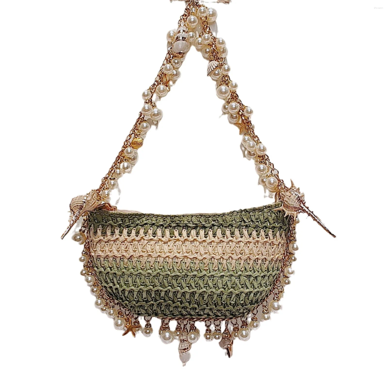 Free Shipping Hobo Summer Versatile Pearl Conch Straw Bag Fashion Shoulder Bags For Women Woven Handbags Beach Seaside Purse