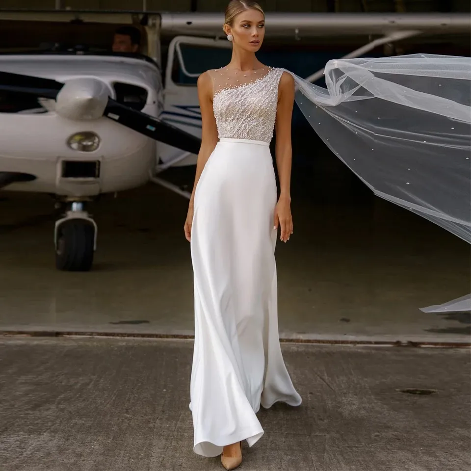 Illusion One Shoulder A-e Wedding Dresses With Ribbon Pearls Beaded Lace Appliques Elegant Ivory Satin Long Bridal Gowns Sleeveless Sheer Jewel Neck