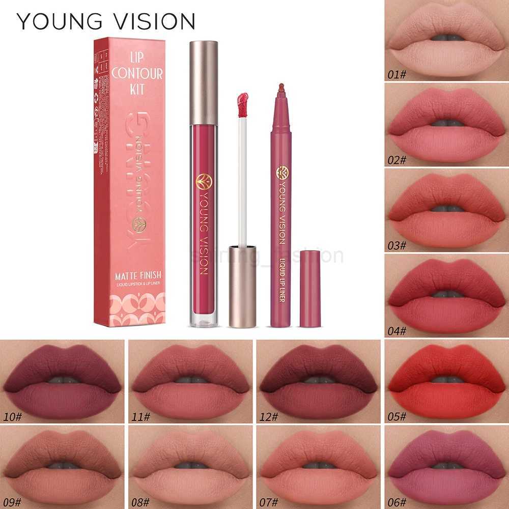 YOUNG VISION Lip Glaze + Lip Liner set liquid Lip Liner Waterproof non-stick cup Moisturizing easy color 12 color lip glossCL240716