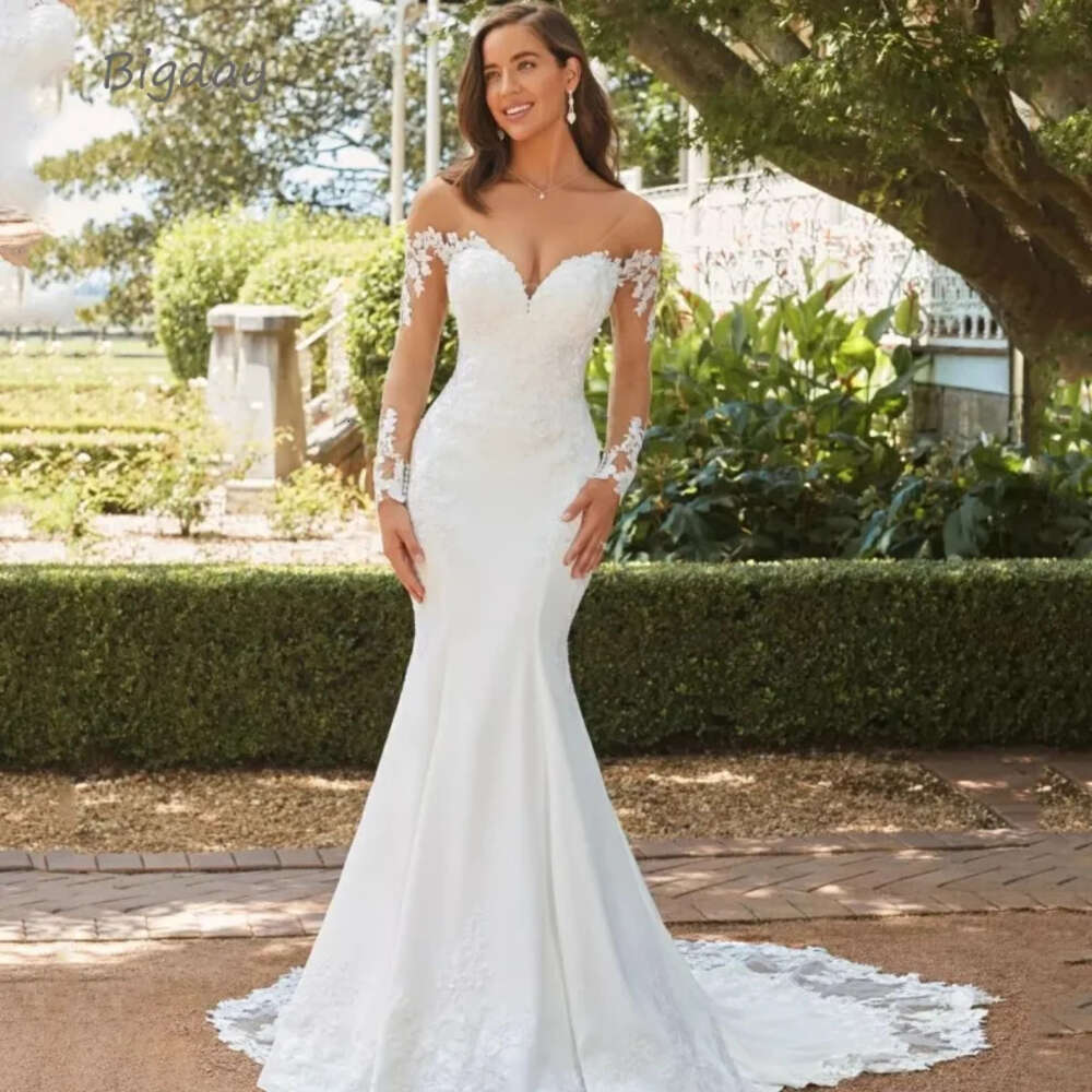 Sweetheart Elegant Mermaid Wedding Dress White Long Sleeve Open Back Lace Applique Bridal Gown Sweep Train Vestido De Novia