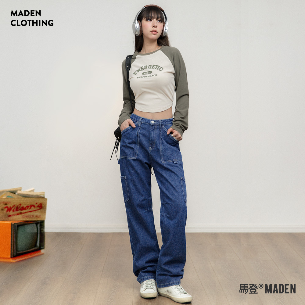 Maden Women Washed Denim Straight Wide-Leg Multi-Pocket Long Trousers Cargo Pants Women's Baggy Blue Jeans