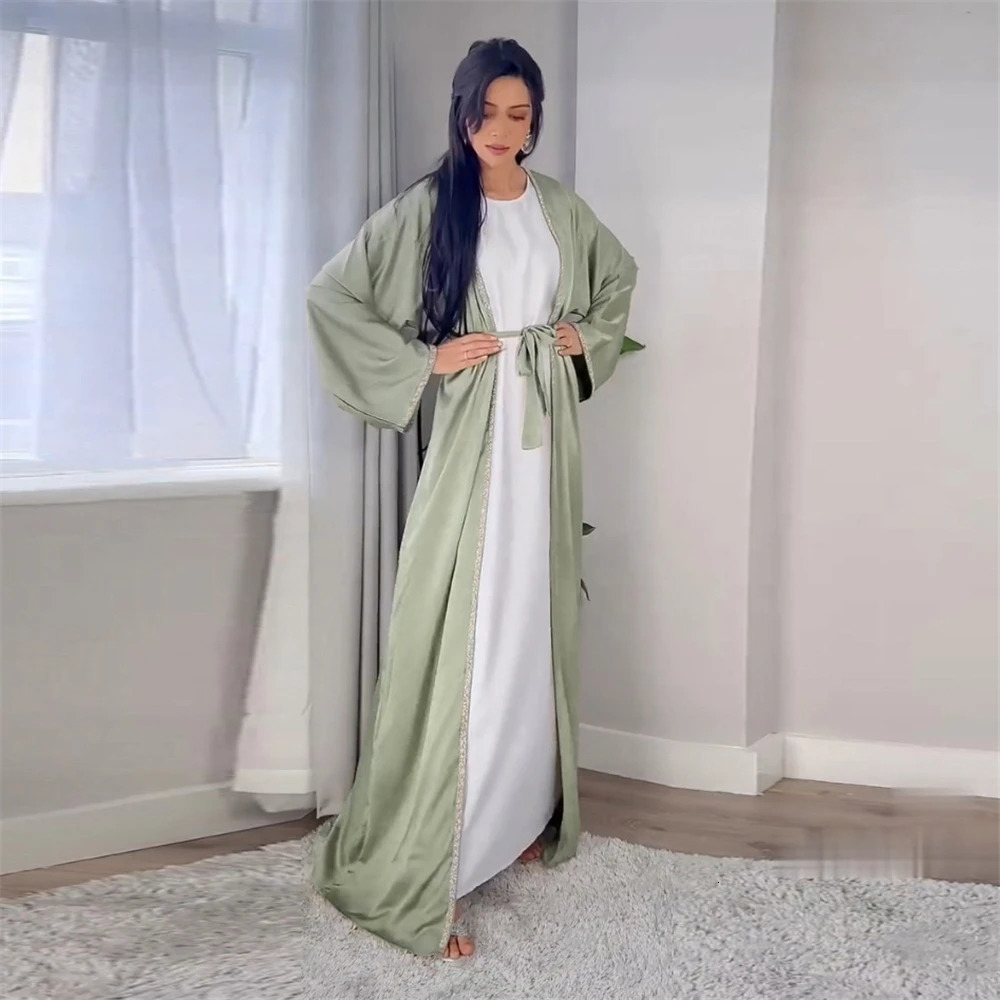 Open Abaya Arabic Long Dress Women Shiny Satin Diamonds Eid Ramadan Muslim African Dresses Islam Turkey Modest Outfit Abayas 240715