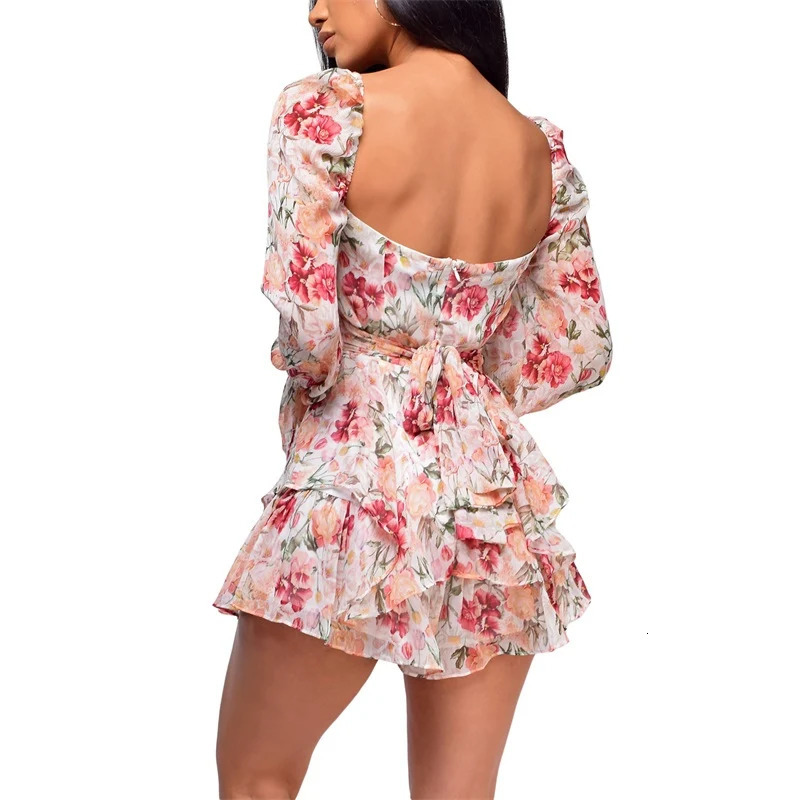 Womens Sexy Square Collar Backless Jumpsuit Fashion Flower Bandage High Waist Long Sleeve Playsuit 240712