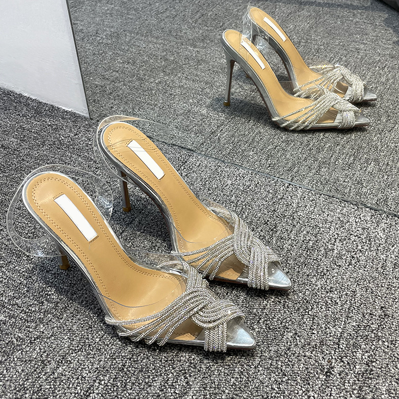 High heeled sandals for women in spring and summer, PVC transparent rhinestone thin women's high-heeled shoes for women