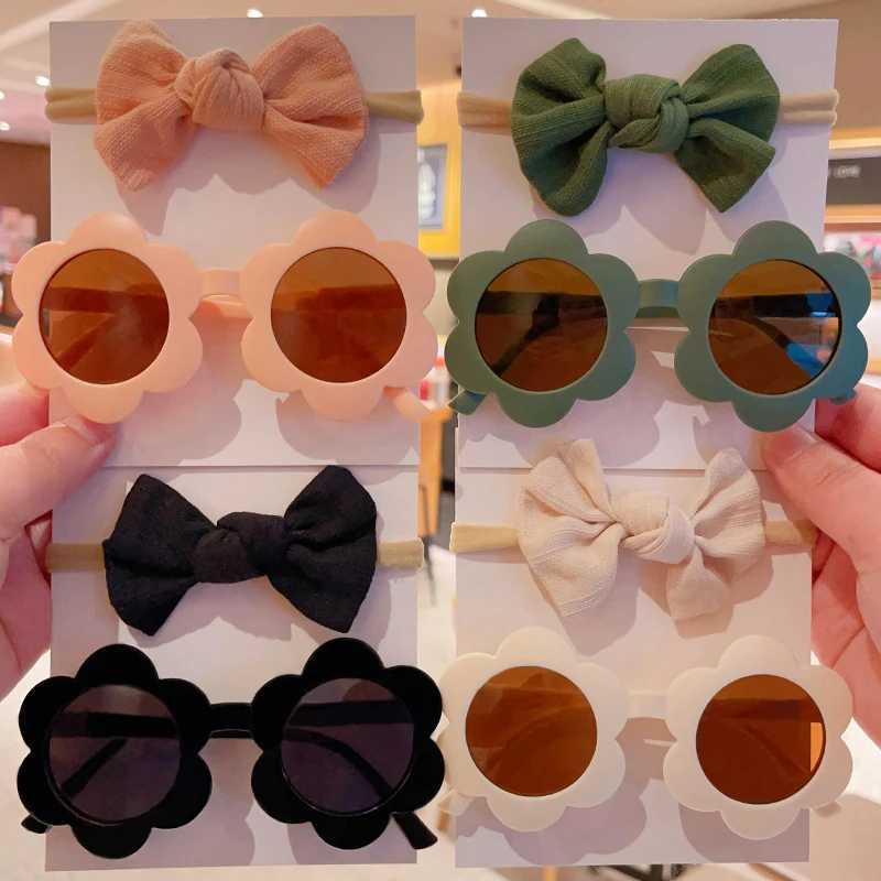Sunglasses 2 Pcs/Set New Children Fashion Round Flower UV400 Sunglasses Colors Lovely Soft Bowknot Headbands Set Kids Hair Accessories