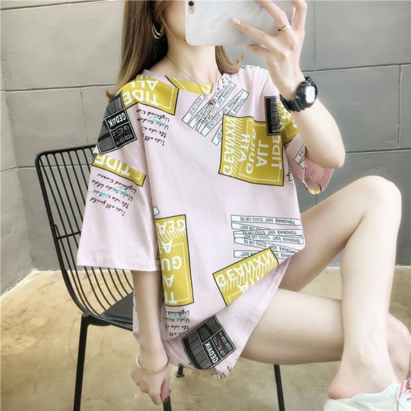 2024 Summer Women's Fashion Loose Slim Letter Printing Simple and Casual Western Style Versatile Mid length Round Neck Short Sleeve T-shirt