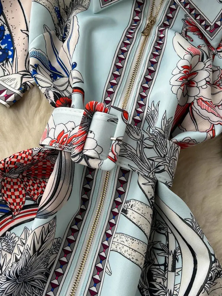 Summer Fashion Retro Zipper Mini Dress Womens Short Sleeve Lapel Collar Vintage Flower Print A Line Belt Beach Vestidos 240715