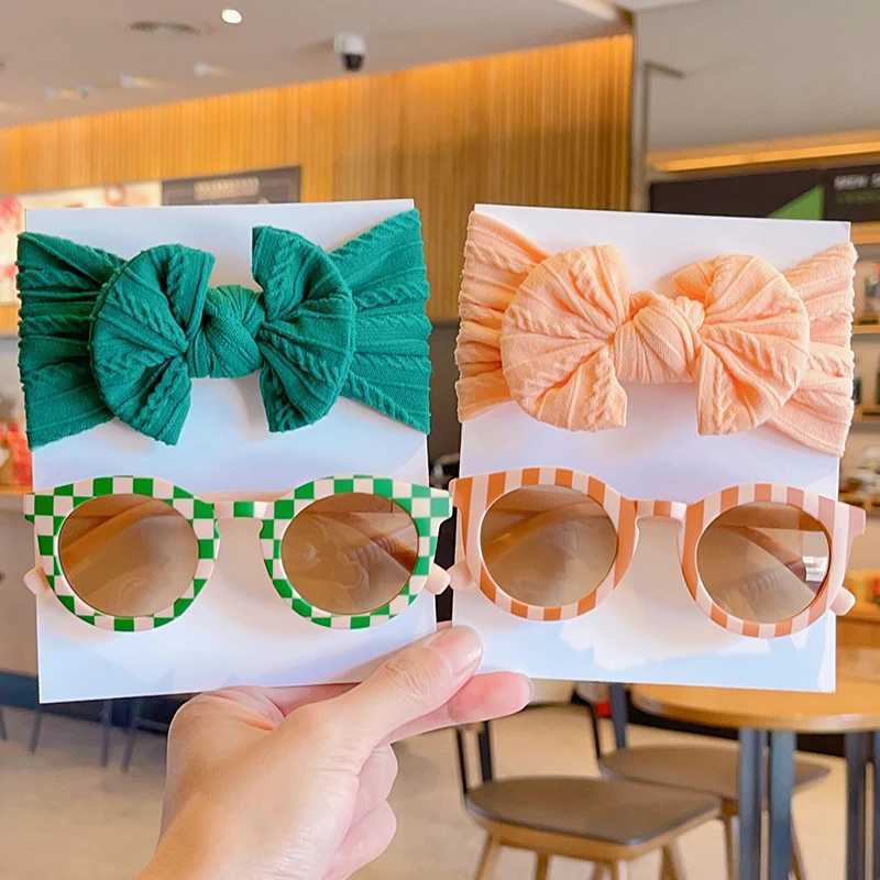 Sunglasses 2Pcs/Set Baby Girls Cute Colors Soft Bowknot Wide Hairbands Children Colorful Checkerboard Sunglasses Set Kids Hair Accessories
