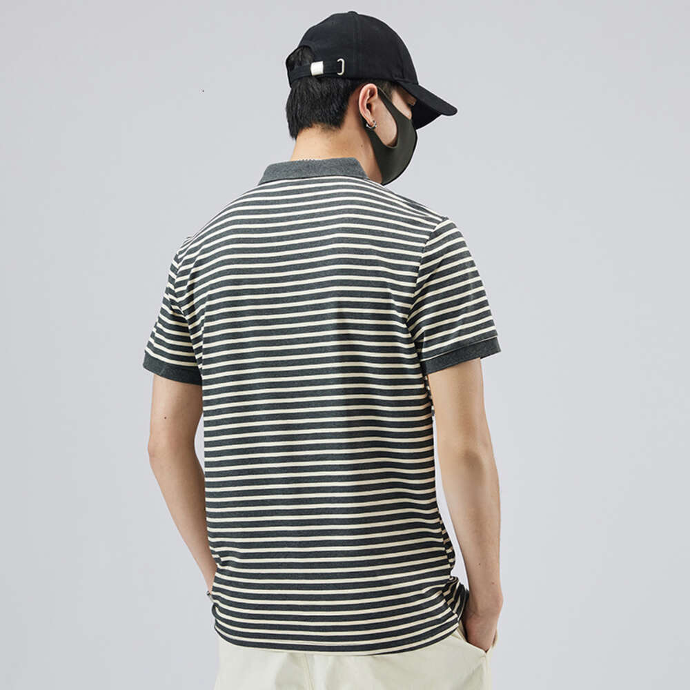 2023 Summer New Striped Shirt Pure Cotton Elastic Polo Collar Short Sleeve T-shirt Fashion Quality Men's Wear