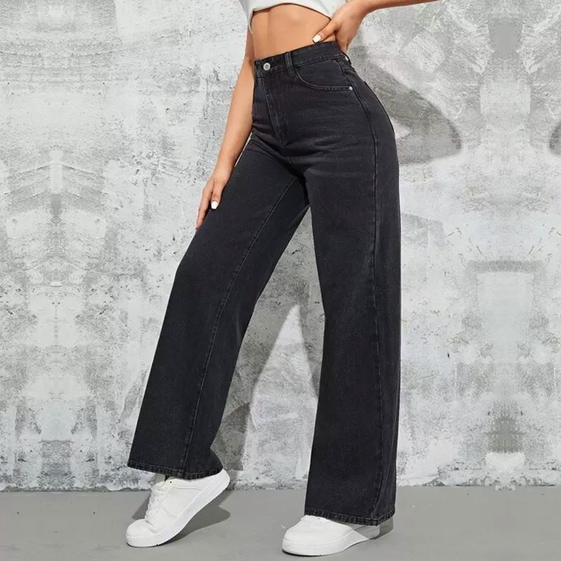 women's washed blue high-waisted fashion casual hot wide-leg jeans
