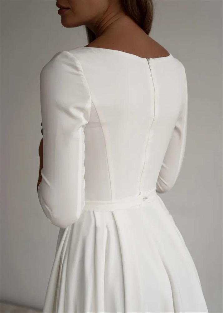 White Wedding Dresses Ivory Bridal Gowns Formal Custom Zipper Lace Up New A Line Plus Size Bateau 3/4 Long Sleeve Elastic Satin NONE Train