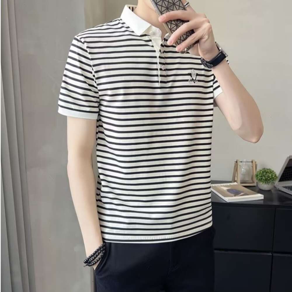 2023 New Pearl Cotton Striped Polo Shirt Short Sleeve Slim Fit Trendy Men's Fashion Summer T-shirt