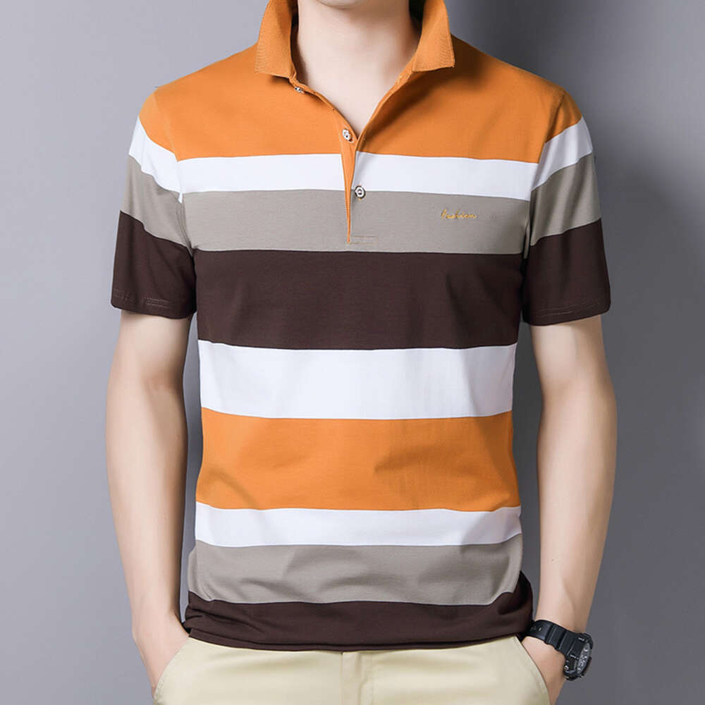 New wrinkle resistant men's flip collar ice silk short sleeved Polo shirt quick drying plus size loose striped business top