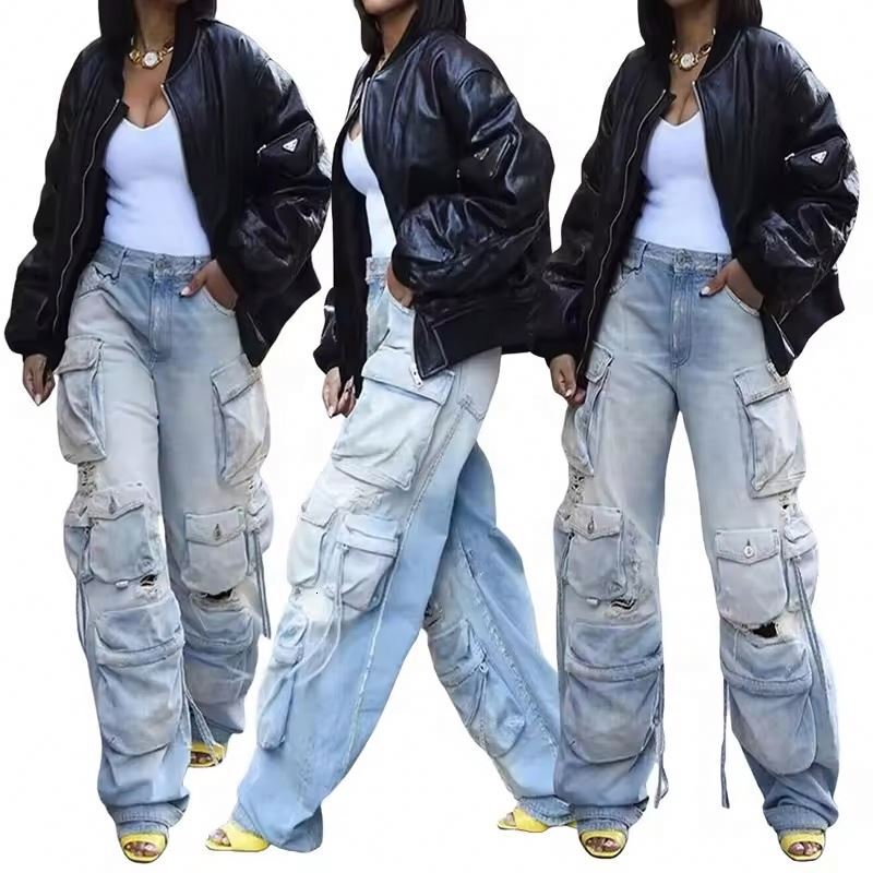 Wholesale Stacked High Quality 6 Pocket Tactical Jeans Cargo Womens Loose P