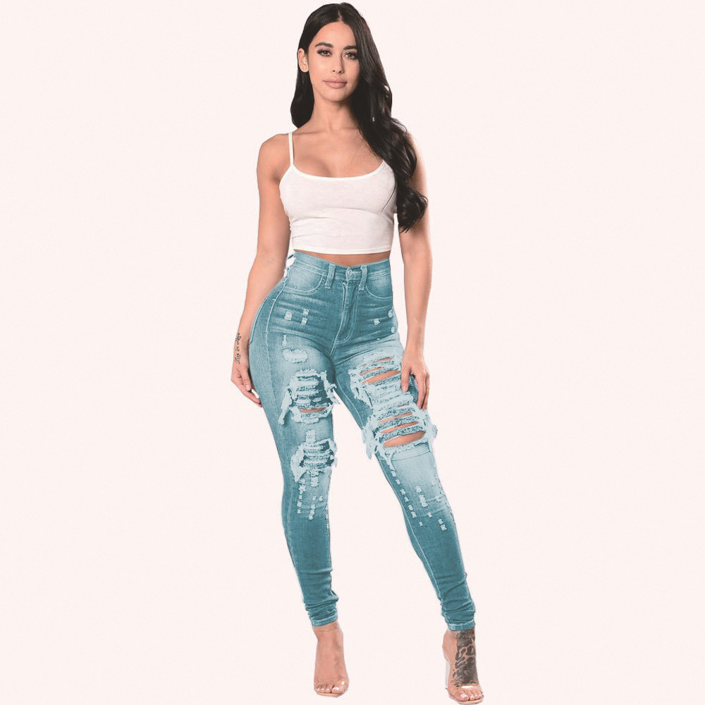 Women Fashion Hip Hop Broken Holes Denim High Waist Ripped skinny Jeans Pencil Pants