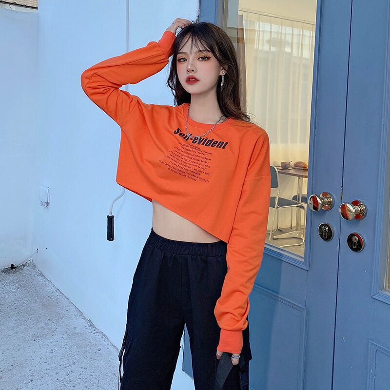 Women's Crop Top High Waisted Jazz Street Hip Hop Tee Fashion Letters Floating Waist Long Sleeve T-shirt Oversized Korean Teenage Clothes