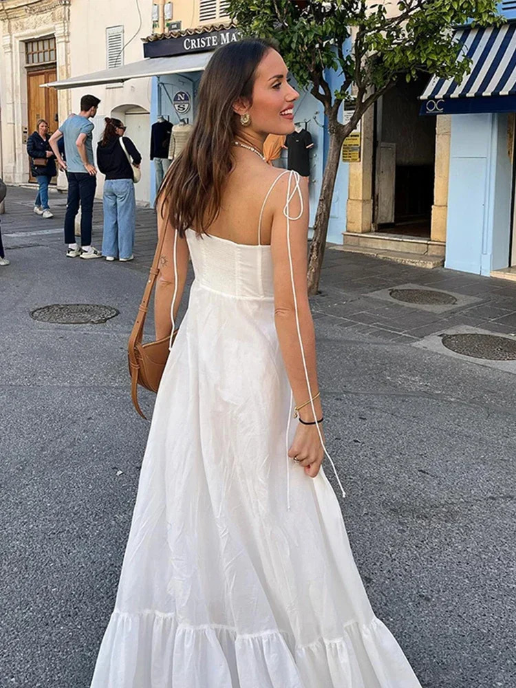 Sexy Linen Lace Up Dress Women White Sleeveless Backless Petal Holiday A-line Long Dresses 2024 Summer Lady Beach Strap Robe 240708