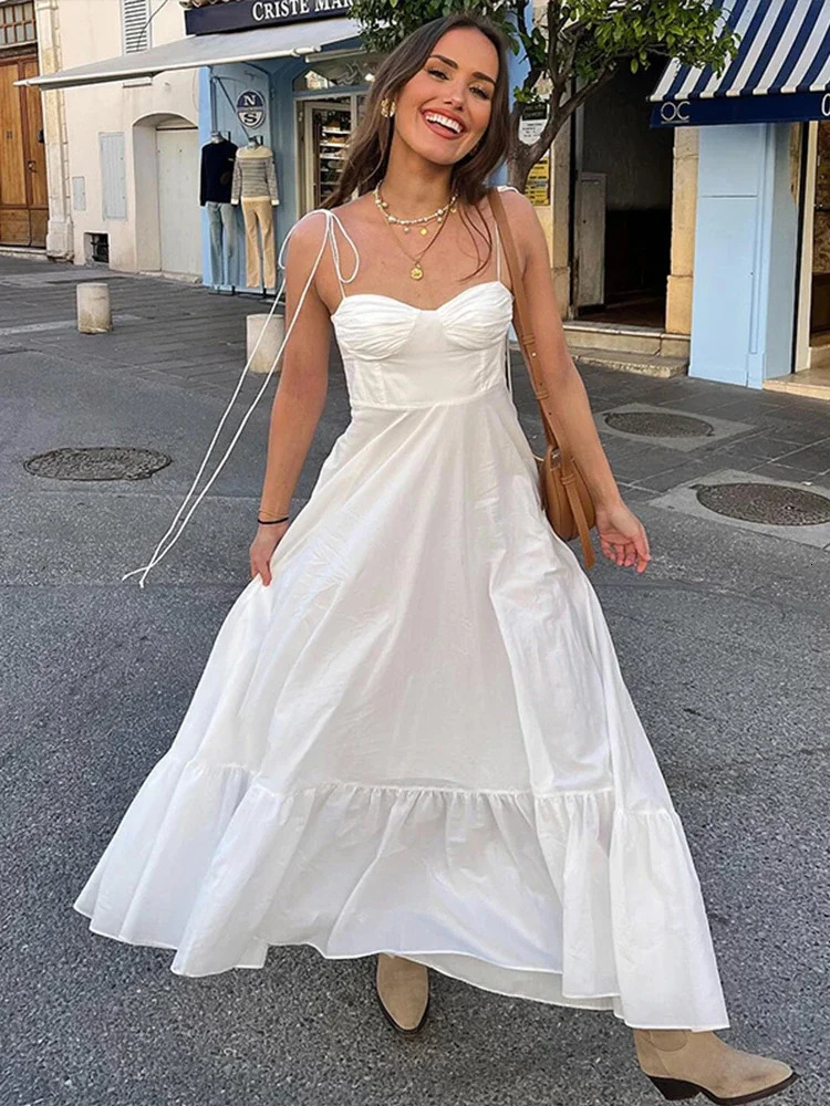 Sexy Linen Lace Up Dress Women White Sleeveless Backless Petal Holiday A-line Long Dresses 2024 Summer Lady Beach Strap Robe 240708
