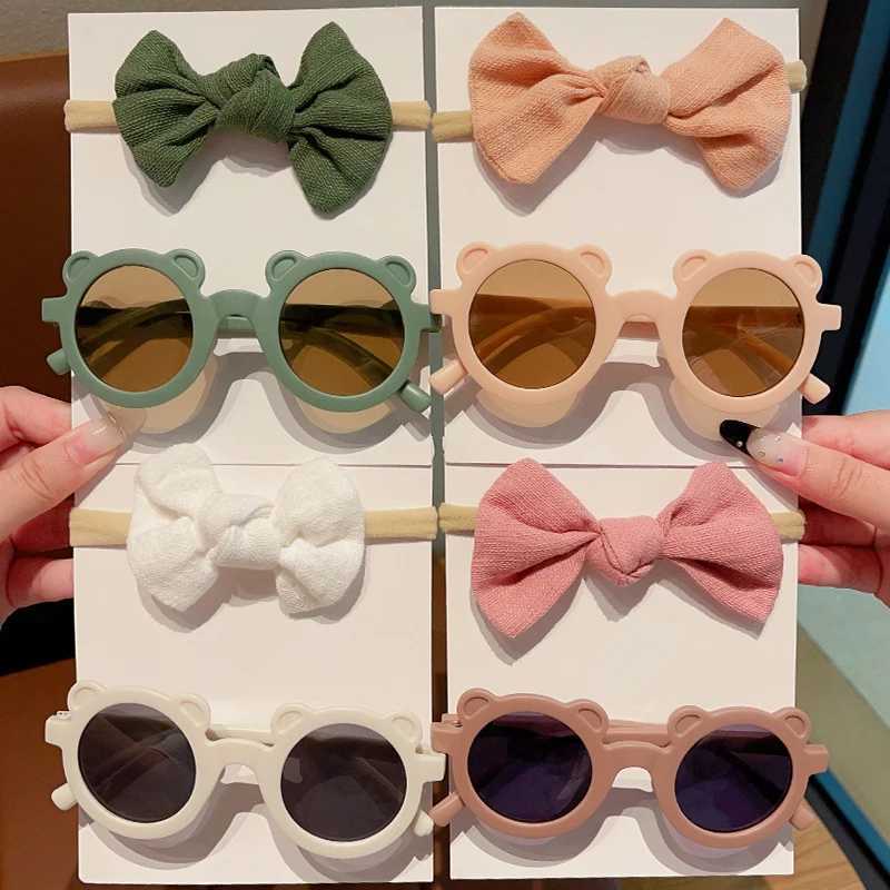 Sunglasses 2 Pcs/Set Cute Solid Color Soft Bowknot Headbands Bear Ears Sunglasses Children Hair Bands Headwear Set Lovely Hair Accessories