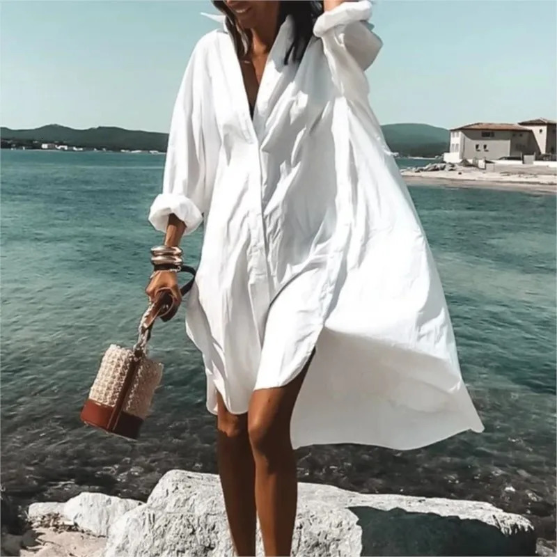 Woman SpringSummer Fashion Print Loose Shirt Dress Elegant Womens Casual Lapel Long Sleeve Asymmetric Vestidos S3XL 240715
