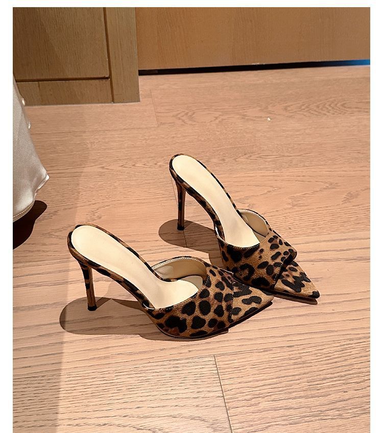 Fine heel pointed head one word drag leopard women summer outside wear fashion spring and summer high heels