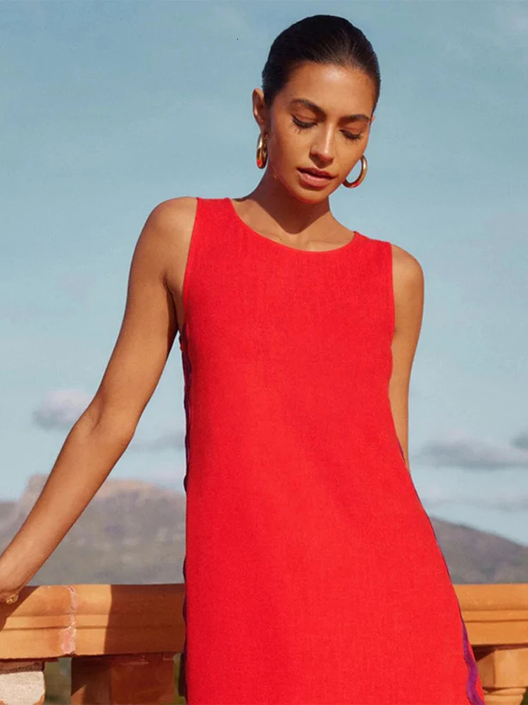 Elegant O-neck Wave Maxi Dress Women Fashion Sleeveless Solid Vacation Beach Dresses Summer Female Casual Loose Street Robes 240708