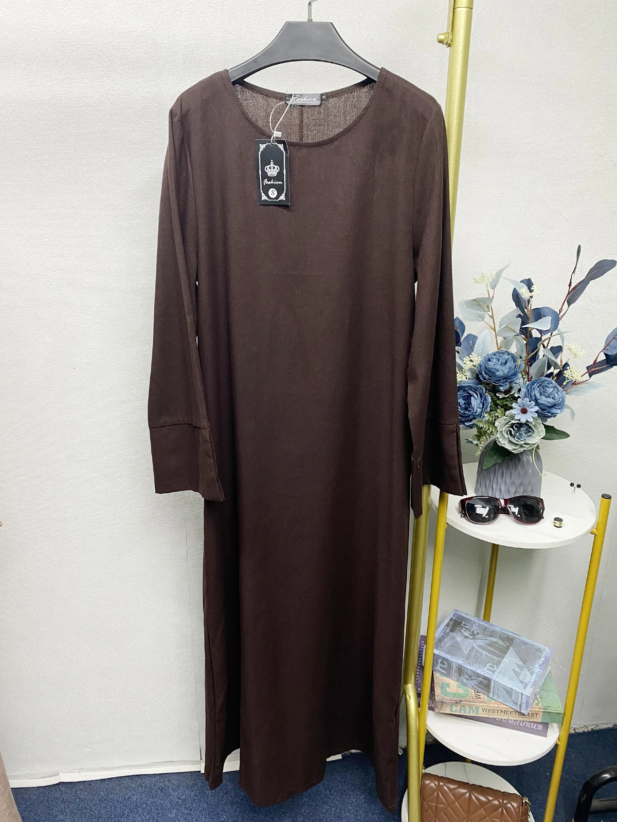 Linen Closed Plain Abaya Kimono Turkey Kaftan Long Dress for Ramadan with Two Side Split Sleeves Muslim Chiffon Hijab 240715