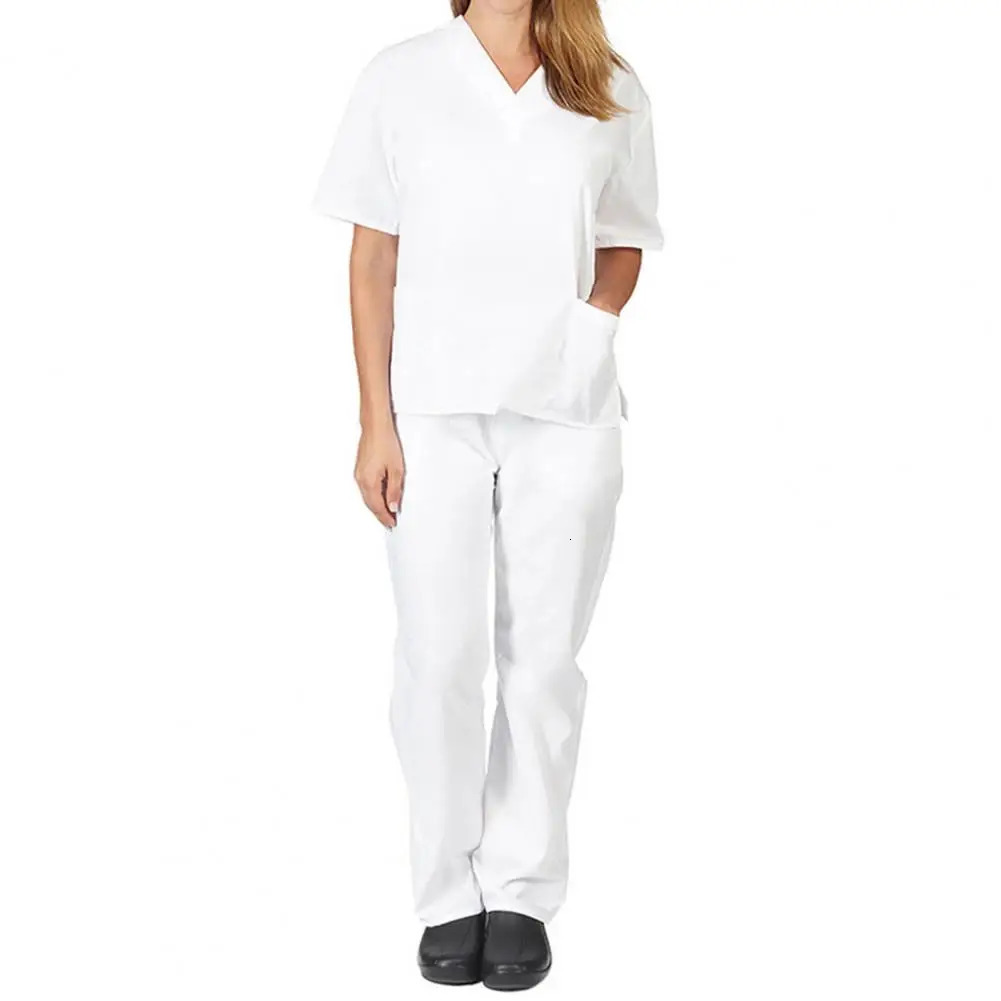Nurse Outfit Professional V-neck Nurse Uniform Set for Salon Spa Pet Grooming Solid Color Short Sleeve Tops Pants for Work 240715