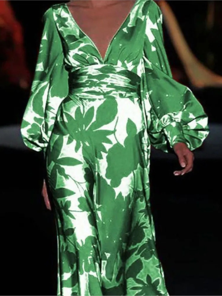 Printed Dress For Women Vneck Sexy High Waist Lantern Sleeve Ladies Fashionable Vestidos Autumn Long Evening Dresses 240715