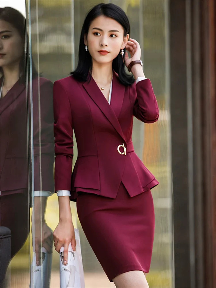 Women Skirt Suits Two Piece Set Office Ladies Blazer Pants Wine Red Elegant Business Suit Black Work Wear Uniform 240704