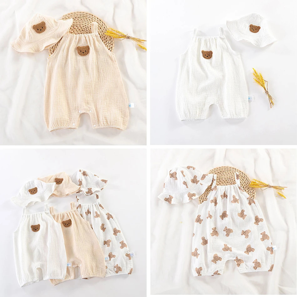 3-24 Months born One-Piece Baby Muslin Pajamas Kids Straps Bunting Romper with Hat Infant Casual Jumpsuit Summer Bear Onesie 240715