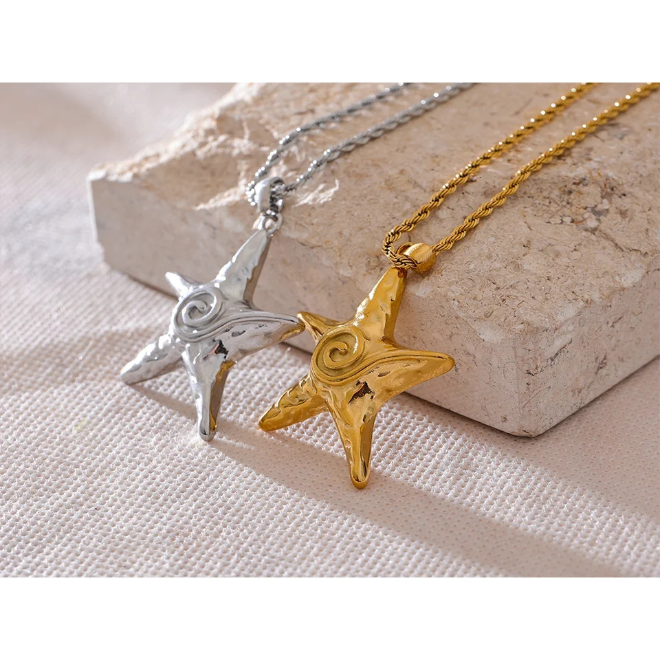 Yhpup 316L Stainless Steel Starfish Pendant Necklace Rust Proof Statement 18K Gold PVD Plated Individualistic Holiday Jewelry 240710