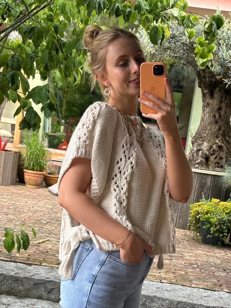 Elegant Hollow Out Knitted Sweater Women Loose Oneck Lace Up Short Sleeve Pullover Autumn Casual Solid Allmatch Outerwear 240713